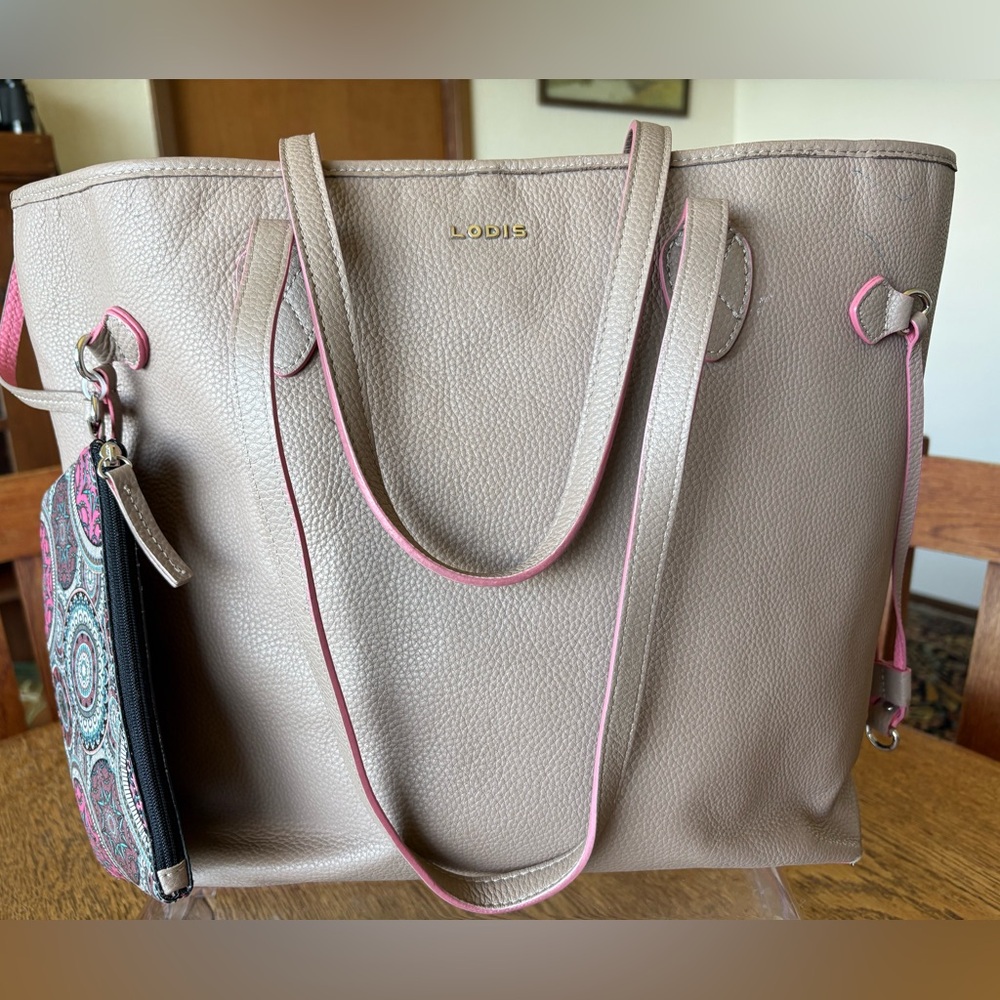 LODIS  taupe pebbled, leather tote bag with contrast, pink trim detachable pouch